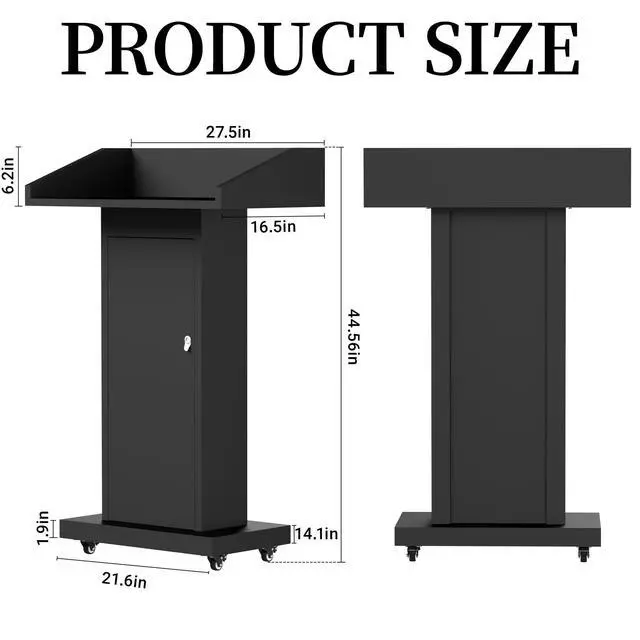 Alt view image 2 of 7 - Podium Stand with 4 Locking Wheels, Heavy-Duty Metal Lectern with Large Lockable Storage Cabinet, Flat Desktop for Church, School, Office, and Conference, 43.7" H, Black