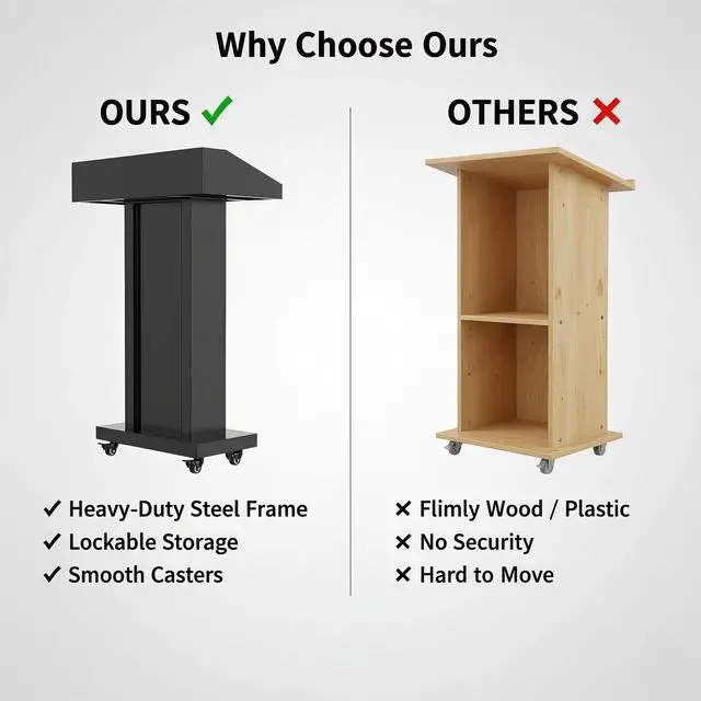 Alt view image 4 of 7 - Podium Stand with 4 Locking Wheels, Heavy-Duty Metal Lectern with Large Lockable Storage Cabinet, Flat Desktop for Church, School, Office, and Conference, 43.7" H, Black