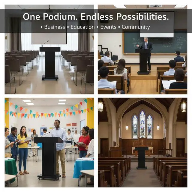 Alt view image 6 of 7 - Podium Stand with 4 Locking Wheels, Heavy-Duty Metal Lectern with Large Lockable Storage Cabinet, Flat Desktop for Church, School, Office, and Conference, 43.7" H, Black