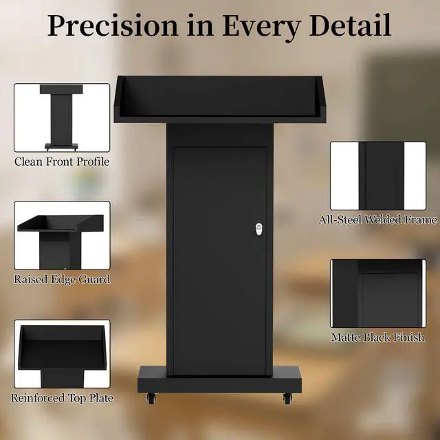 Alt view image 5 of 7 - Podium Stand with 4 Locking Wheels, Heavy-Duty Metal Lectern with Large Lockable Storage Cabinet, Flat Desktop for Church, School, Office, and Conference, 43.7" H, Black
