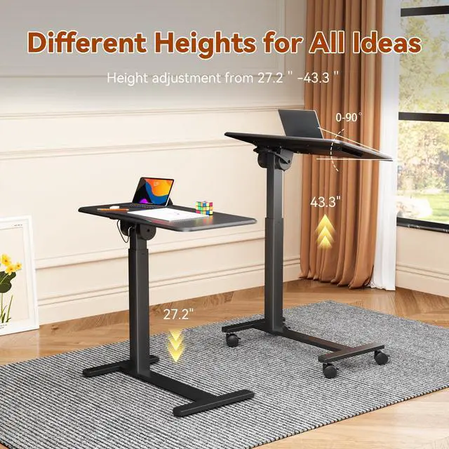 Alt view image 2 of 7 - Mobile Standing Desk, Left/Right Rolling Bedside Table | 90° Foldable Laptop Desk with Wheels, Height Adjustable Portable Computer Cart for Hospital Home Use, Black