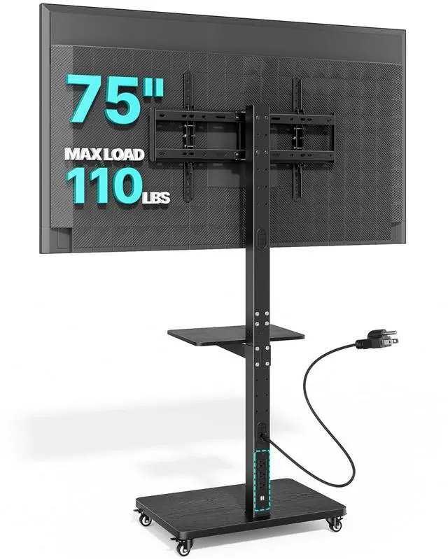Main image of Rolling TV Stand with Power Outlet for 32-75 Inch TVs up to 110 lbs | Mobile TV Stand on Metal Wheels, Tilt & Swivel Portable TV Cart with Mount, Height Adjustable TV Cart with Wire Management