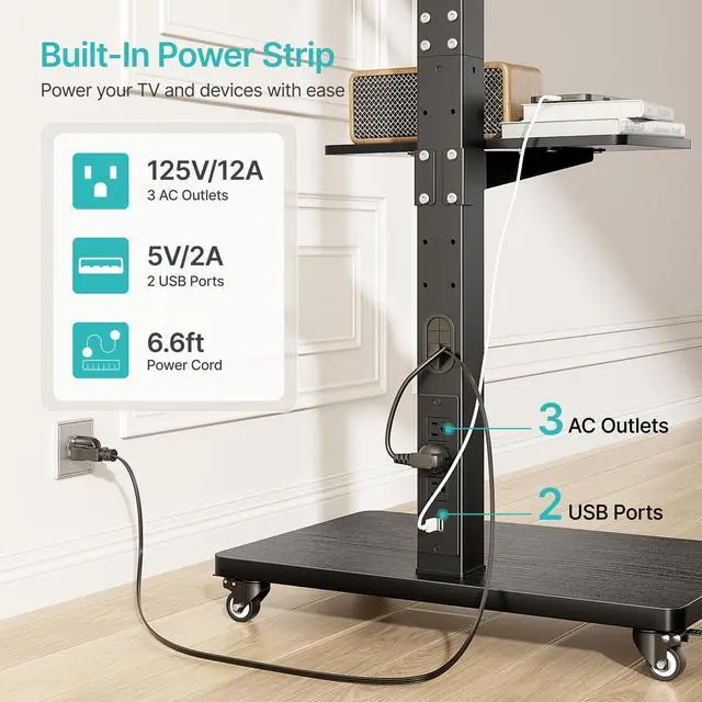 Alt view image 3 of 7 - Rolling TV Stand with Power Outlet for 32-75 Inch TVs up to 110 lbs | Mobile TV Stand on Metal Wheels, Tilt & Swivel Portable TV Cart with Mount, Height Adjustable TV Cart with Wire Management