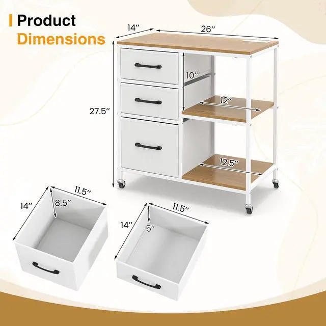 Alt view image 3 of 7 - File Cabinet, Printer Stand with Storage, 3 Fabric Drawers, Open Storage Shelves, Charging Station, 4 Rolling Wheels (2 Lockable), Lateral Filing Cabinet for Home Office Organization (White)