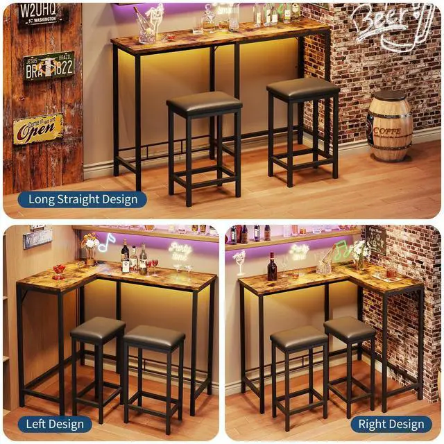 Alt view image 2 of 7 - Bar Table and Chairs Set, 63'' L-Shaped Bar Table with 2 Stools, Counter Height Kitchen Table with Built-in Power Outlets, Left/Right/Straight Convertible Design, Faux Leather Upholstered Seating