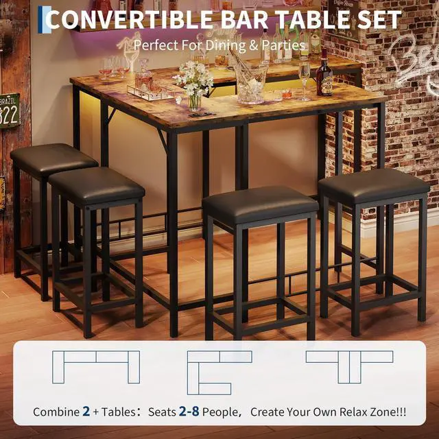 Alt view image 3 of 7 - Bar Table and Chairs Set, 63'' L-Shaped Bar Table with 2 Stools, Counter Height Kitchen Table with Built-in Power Outlets, Left/Right/Straight Convertible Design, Faux Leather Upholstered Seating