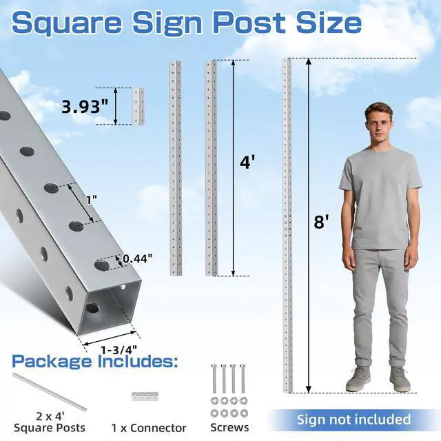 Alt view image 2 of 7 - 1-3/4" x 1-3/4" Square Sign Post 8 ft, Square Tubing with 7/16" Pre-Drilled Holes, Heavy Duty Galvanized Steel Tube, Perforated Metal Post for Real Estate, Parking, Street and Outdoor Signs