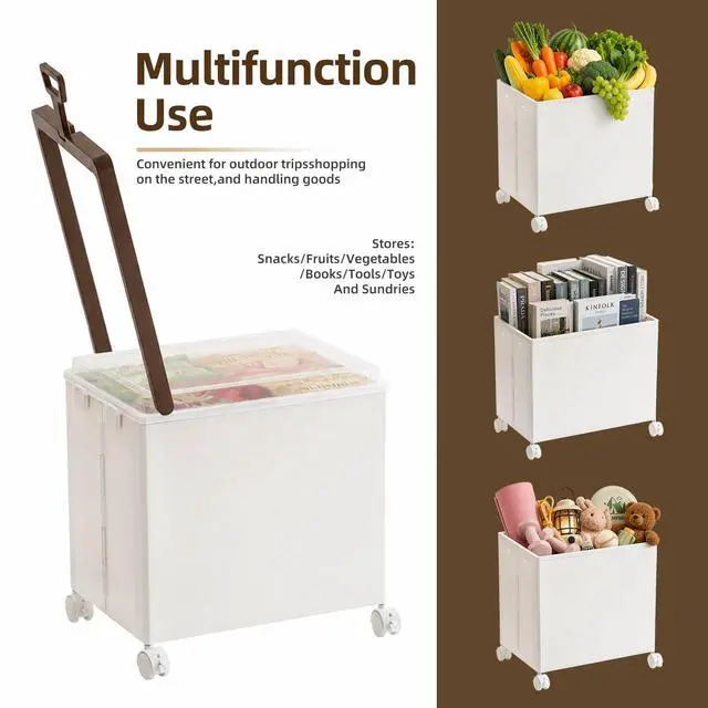 Alt view image 7 of 7 - Folding Utility Cart Portable Rolling Crate Handcart Shopping Trolley | Collapsible Tool Box, with Lid, Basket on 4 Rotate Wheels, for Grocery, Shopping, Office, Storage, Teacher