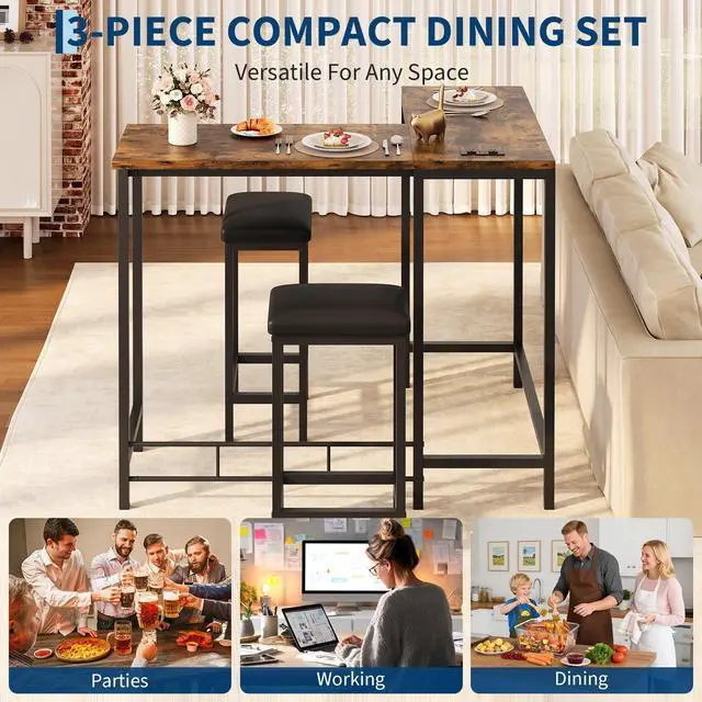 Alt view image 4 of 7 - Bar Table and Chairs Set, 63'' L-Shaped Bar Table with 2 Stools, Counter Height Kitchen Table with Built-in Power Outlets, Left/Right/Straight Convertible Design, Faux Leather Upholstered Seating