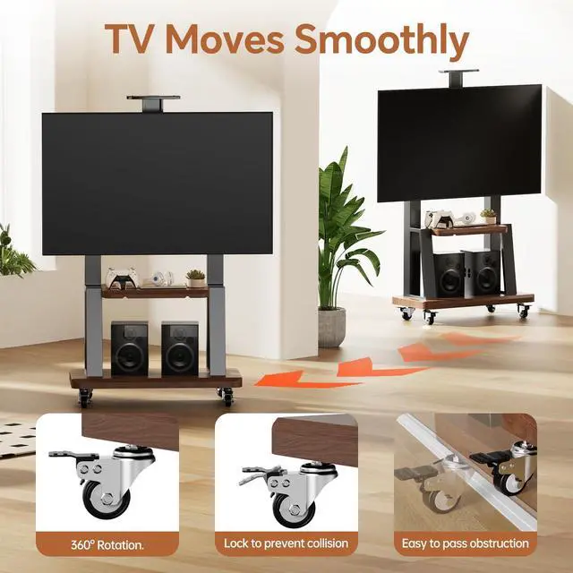 Alt view image 3 of 7 - Mobile TV Stand on Wheels for 32-75 Inch TVs | With Top Projector tray& 2-Tier Storage Height Adjustable Heavy-Duty Holds up to 180lbs,Max VESA 600 * 400mm