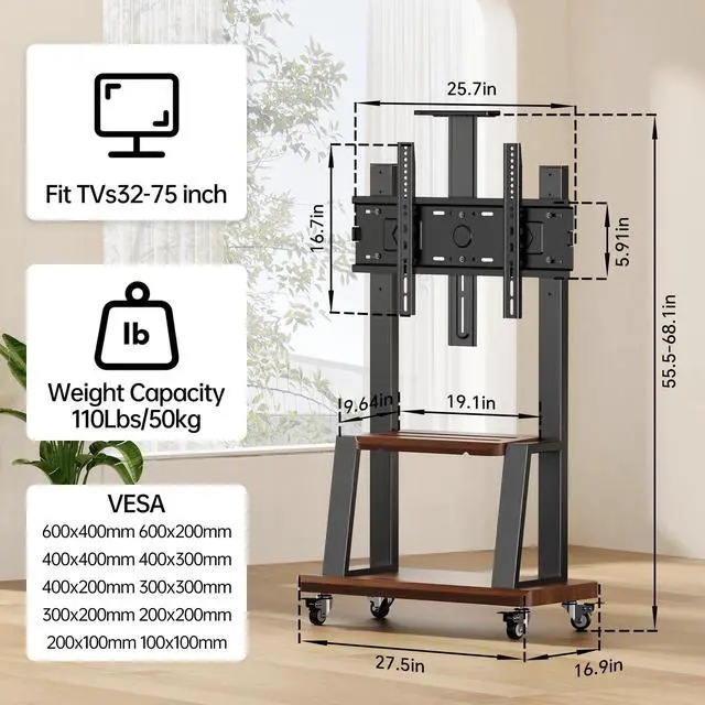 Alt view image 2 of 7 - Mobile TV Stand on Wheels for 32-75 Inch TVs | With Top Projector tray& 2-Tier Storage Height Adjustable Heavy-Duty Holds up to 180lbs,Max VESA 600 * 400mm