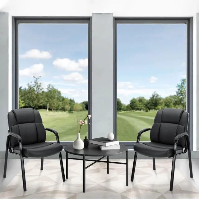 Alt view image 2 of 7 - PU Leather Conference Room Chair, Tall Back Chairs with with Padded Arms and No Wheels, Guest Chairs of 2 for Reception Waiting Room Black