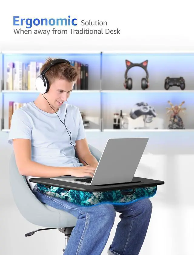Alt view image 2 of 7 - Cushioned Lap Desk, Large, Blue Waves | Portable for Bed, Couch & Floor, Washable Cushion, Built-in Phone & Tablet Slot, Fits 17.3" Laptop, Working, Writing, Gaming