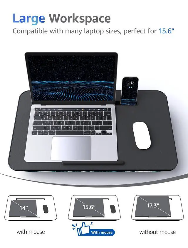 Alt view image 6 of 7 - Cushioned Lap Desk, Large, Blue Waves | Portable for Bed, Couch & Floor, Washable Cushion, Built-in Phone & Tablet Slot, Fits 17.3" Laptop, Working, Writing, Gaming