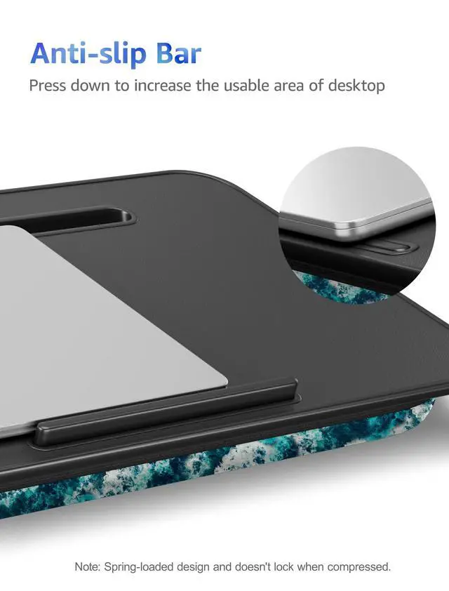Alt view image 7 of 7 - Cushioned Lap Desk, Large, Blue Waves | Portable for Bed, Couch & Floor, Washable Cushion, Built-in Phone & Tablet Slot, Fits 17.3" Laptop, Working, Writing, Gaming