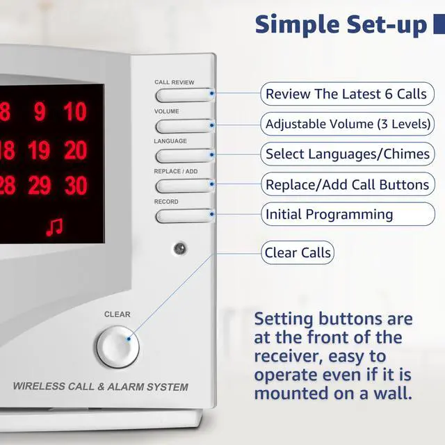 Alt view image 4 of 7 - Wireless Nurse Call System with 10 Call Buttons and Portable Pager | Portable Caregiver Pager with 1000 ft Wireless Range and 7-Language Voice Alerts for Care Facilities