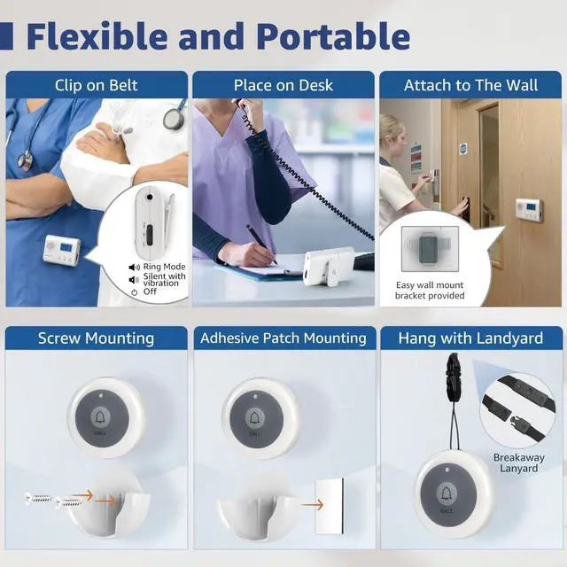 Alt view image 5 of 7 - Wireless Nurse Call System with 10 Call Buttons and Portable Pager | Portable Caregiver Pager with 1000 ft Wireless Range and 7-Language Voice Alerts for Care Facilities
