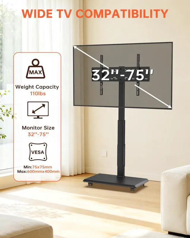 Alt view image 2 of 7 - Rolling TV Stand with Power Outlet, Mobile TV Cart for 32-75 Inch TVs up to 110 lbs, 18 Adjustable Heights, TV Floor Stand with Swivel Mount/Shelf/Wheels, Max VESA 600x400mm, Fits for Bedroom, Outdoor