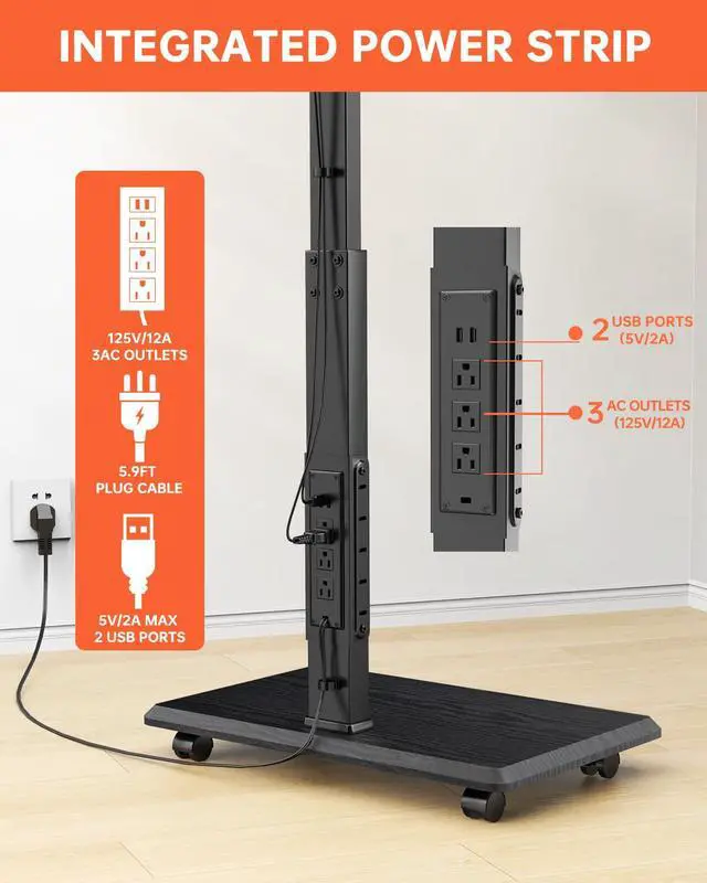 Alt view image 3 of 7 - Rolling TV Stand with Power Outlet, Mobile TV Cart for 32-75 Inch TVs up to 110 lbs, 18 Adjustable Heights, TV Floor Stand with Swivel Mount/Shelf/Wheels, Max VESA 600x400mm, Fits for Bedroom, Outdoor