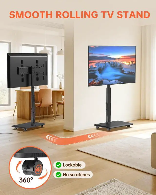Alt view image 4 of 7 - Rolling TV Stand with Power Outlet, Mobile TV Cart for 32-75 Inch TVs up to 110 lbs, 18 Adjustable Heights, TV Floor Stand with Swivel Mount/Shelf/Wheels, Max VESA 600x400mm, Fits for Bedroom, Outdoor