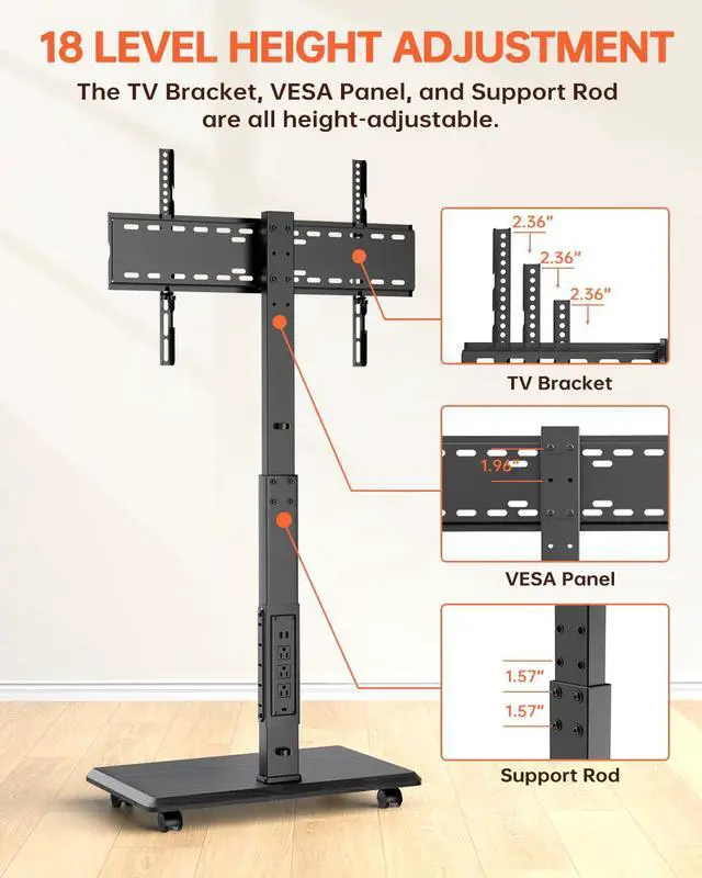 Alt view image 5 of 7 - Rolling TV Stand with Power Outlet, Mobile TV Cart for 32-75 Inch TVs up to 110 lbs, 18 Adjustable Heights, TV Floor Stand with Swivel Mount/Shelf/Wheels, Max VESA 600x400mm, Fits for Bedroom, Outdoor