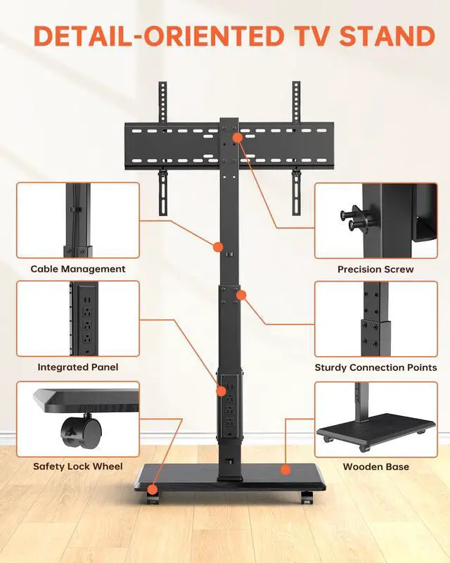 Alt view image 7 of 7 - Rolling TV Stand with Power Outlet, Mobile TV Cart for 32-75 Inch TVs up to 110 lbs, 18 Adjustable Heights, TV Floor Stand with Swivel Mount/Shelf/Wheels, Max VESA 600x400mm, Fits for Bedroom, Outdoor