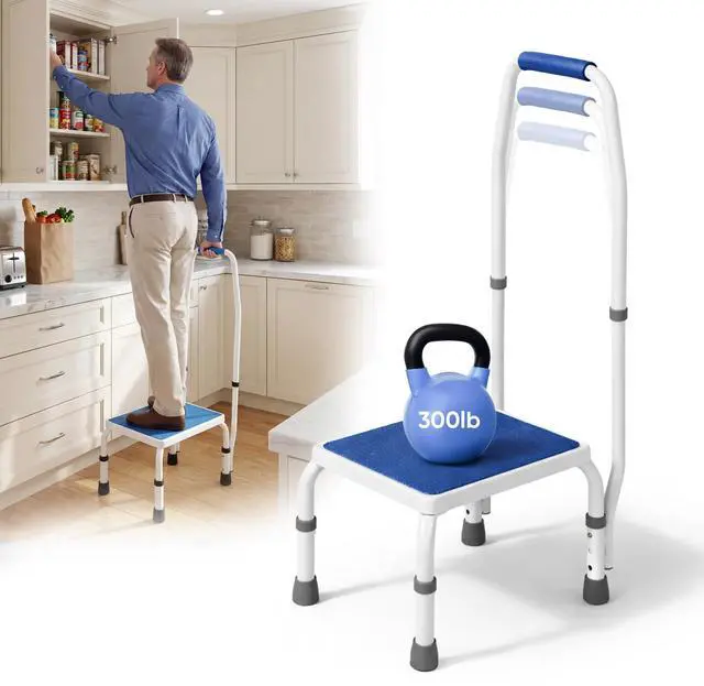 Main image of AdjustaStep(tm) Deluxe Step Stool/Footstool with Handle/Handrail, Height Adjustable. Modern White/Blue Design. Padded Non-Slip Handle. 300 lb. Capacity