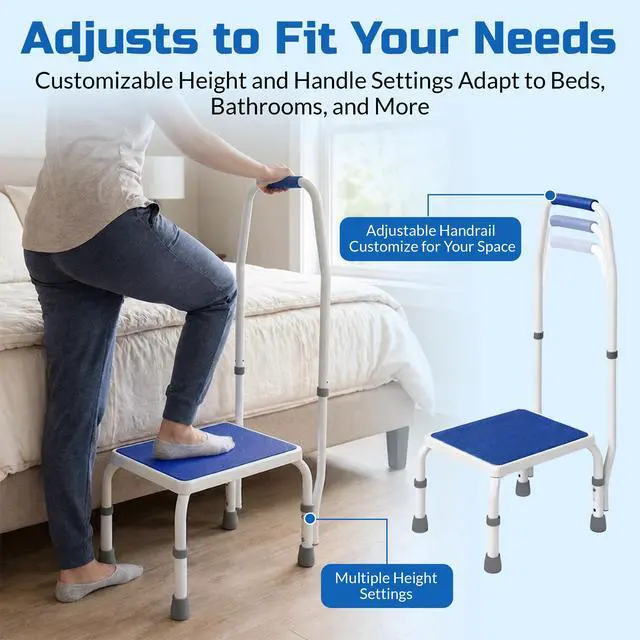Alt view image 2 of 7 - AdjustaStep(tm) Deluxe Step Stool/Footstool with Handle/Handrail, Height Adjustable. Modern White/Blue Design. Padded Non-Slip Handle. 300 lb. Capacity