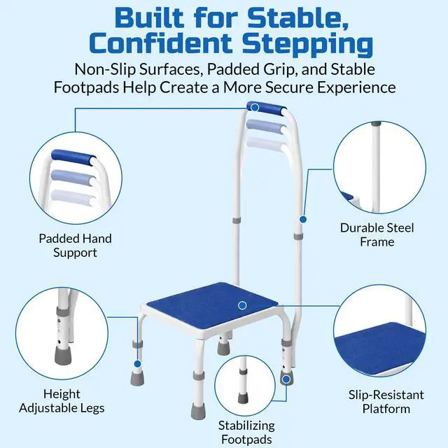 Alt view image 3 of 7 - AdjustaStep(tm) Deluxe Step Stool/Footstool with Handle/Handrail, Height Adjustable. Modern White/Blue Design. Padded Non-Slip Handle. 300 lb. Capacity