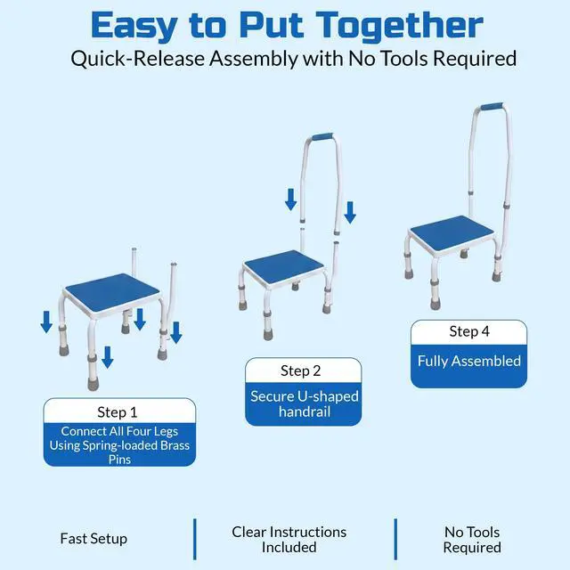 Alt view image 4 of 7 - AdjustaStep(tm) Deluxe Step Stool/Footstool with Handle/Handrail, Height Adjustable. Modern White/Blue Design. Padded Non-Slip Handle. 300 lb. Capacity