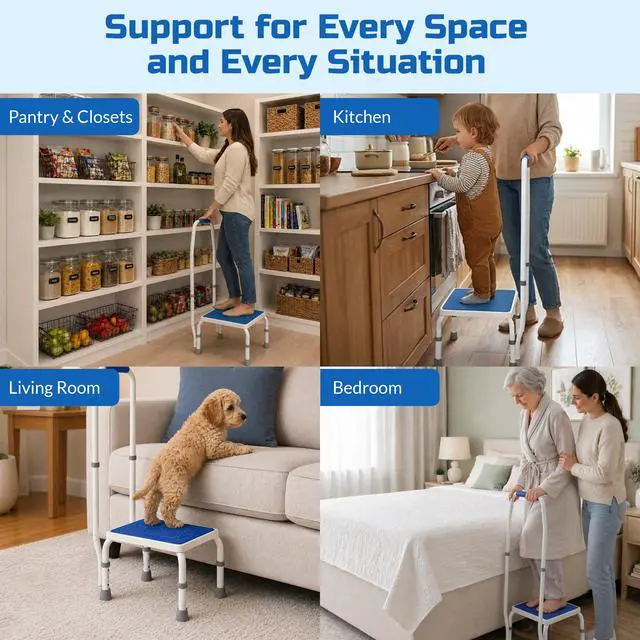 Alt view image 5 of 7 - AdjustaStep(tm) Deluxe Step Stool/Footstool with Handle/Handrail, Height Adjustable. Modern White/Blue Design. Padded Non-Slip Handle. 300 lb. Capacity