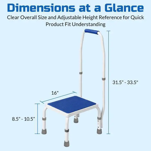 Alt view image 7 of 7 - AdjustaStep(tm) Deluxe Step Stool/Footstool with Handle/Handrail, Height Adjustable. Modern White/Blue Design. Padded Non-Slip Handle. 300 lb. Capacity