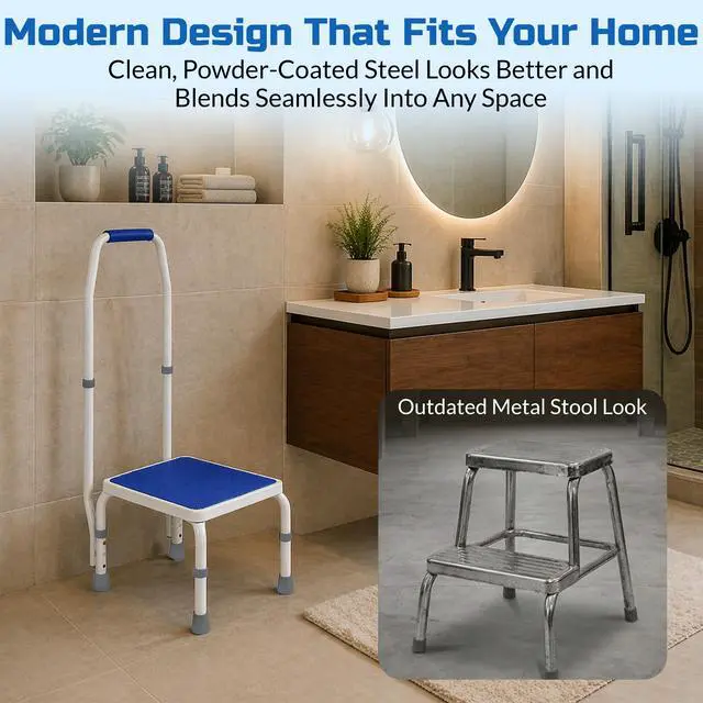 Alt view image 6 of 7 - AdjustaStep(tm) Deluxe Step Stool/Footstool with Handle/Handrail, Height Adjustable. Modern White/Blue Design. Padded Non-Slip Handle. 300 lb. Capacity