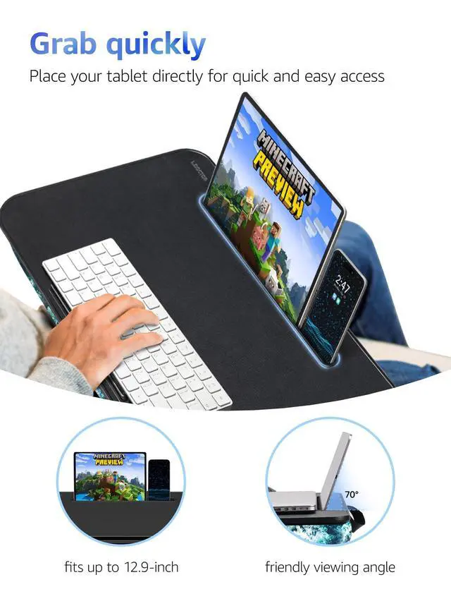 Alt view image 4 of 7 - Cushioned Lap Desk, Large, Blue Waves | Portable for Bed, Couch & Floor, Washable Cushion, Built-in Phone & Tablet Slot, Fits 17.3" Laptop, Working, Writing, Gaming
