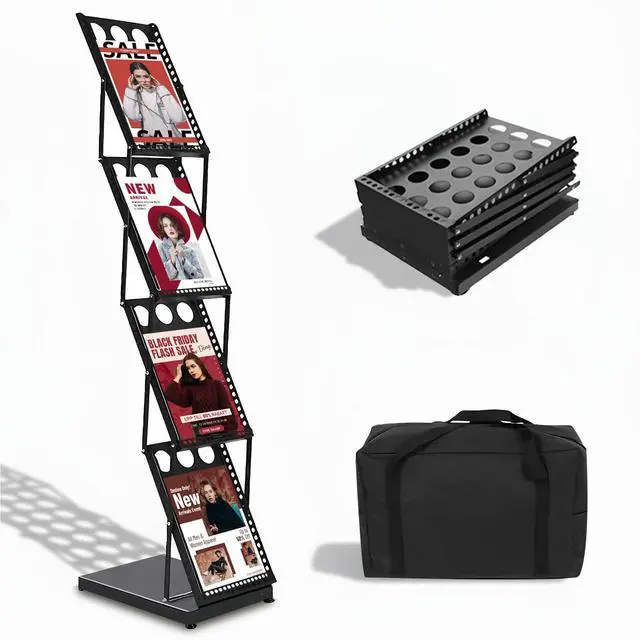 Main image of Foldable Brochure Display Stand, 4 Pockets Literature Holder Rack with Carrying Bag, Metal Magazine Rack Floor Standing Display Stand for Trade Show Exhibition Office Retail Store, Black