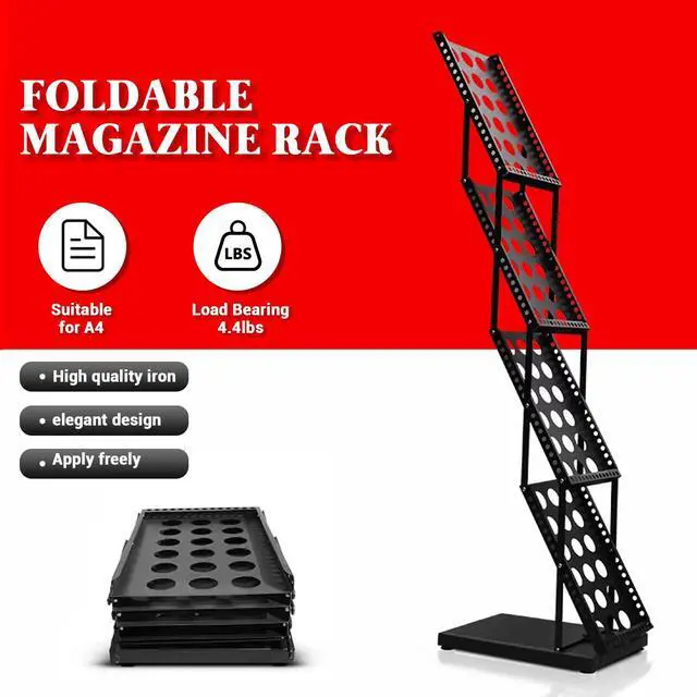 Alt view image 2 of 7 - Foldable Brochure Display Stand, 4 Pockets Literature Holder Rack with Carrying Bag, Metal Magazine Rack Floor Standing Display Stand for Trade Show Exhibition Office Retail Store, Black
