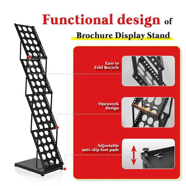 Alt view image 5 of 7 - Foldable Brochure Display Stand, 4 Pockets Literature Holder Rack with Carrying Bag, Metal Magazine Rack Floor Standing Display Stand for Trade Show Exhibition Office Retail Store, Black