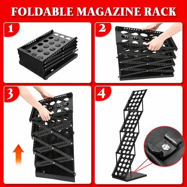 Alt view image 6 of 7 - Foldable Brochure Display Stand, 4 Pockets Literature Holder Rack with Carrying Bag, Metal Magazine Rack Floor Standing Display Stand for Trade Show Exhibition Office Retail Store, Black