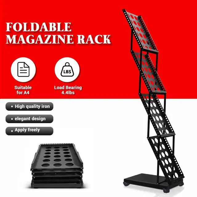 Alt view image 2 of 7 - Foldable Brochure Display Stand with Wheels, 4 Pockets Literature Holder Rack with Carrying Bag, Metal Magazine Rack Floor Standing Display Stand for Trade Show Exhibition Office Retail Store