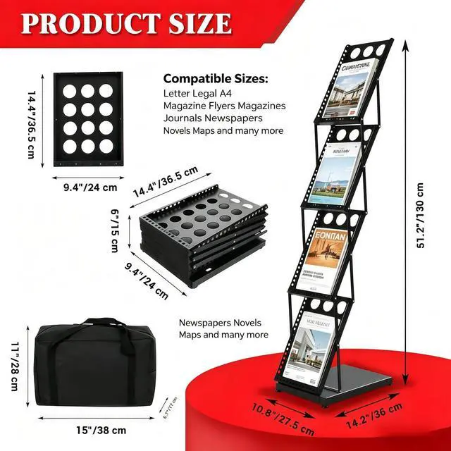 Alt view image 4 of 7 - Foldable Brochure Display Stand, 4 Pockets Literature Holder Rack with Carrying Bag, Metal Magazine Rack Floor Standing Display Stand for Trade Show Exhibition Office Retail Store, Black