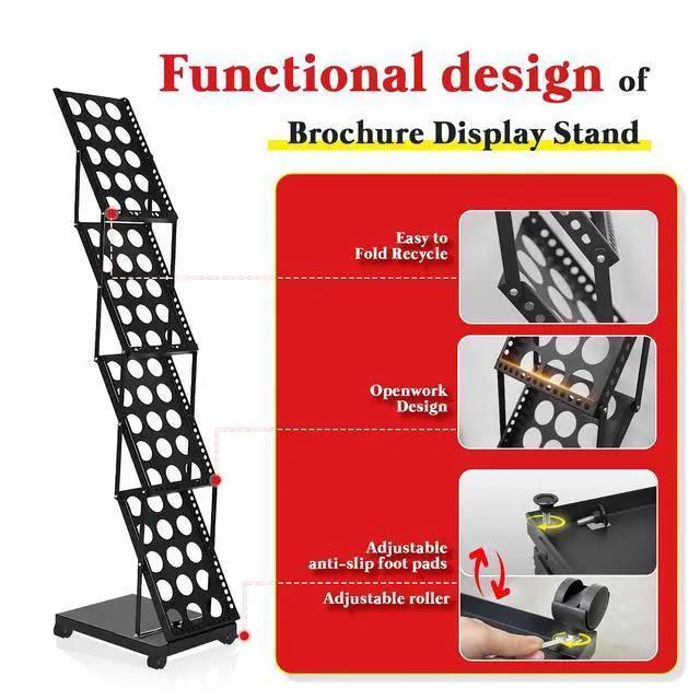 Alt view image 5 of 7 - Foldable Brochure Display Stand with Wheels, 4 Pockets Literature Holder Rack with Carrying Bag, Metal Magazine Rack Floor Standing Display Stand for Trade Show Exhibition Office Retail Store