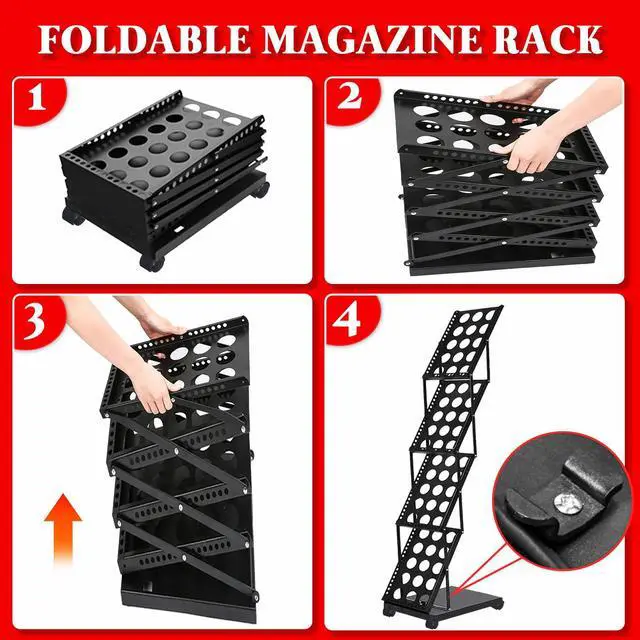 Alt view image 6 of 7 - Foldable Brochure Display Stand with Wheels, 4 Pockets Literature Holder Rack with Carrying Bag, Metal Magazine Rack Floor Standing Display Stand for Trade Show Exhibition Office Retail Store