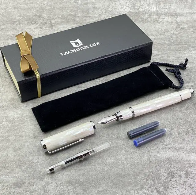 Alt view image 5 of 7 - Mother of Pearl Fountain Pen with German Fine Nib. Luxury Pen for Every Holiday. Premium Writing Gift Set for Men and Women (Pearl White)