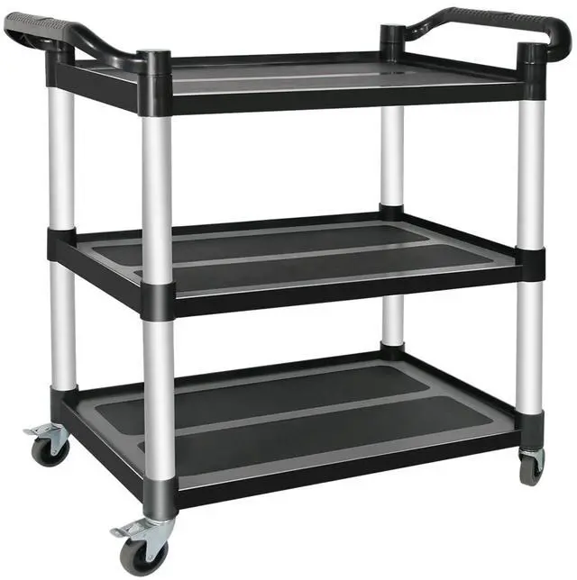 Main image of Plastic Utility Carts with Wheels, 3-Tier Restaurant Cart, Heavy Duty Rolling Cart Food Service Cart 420LBS, Bus Cart with Lockable Wheels and Rubber Hammer for Warehouse/Kitchen, Black