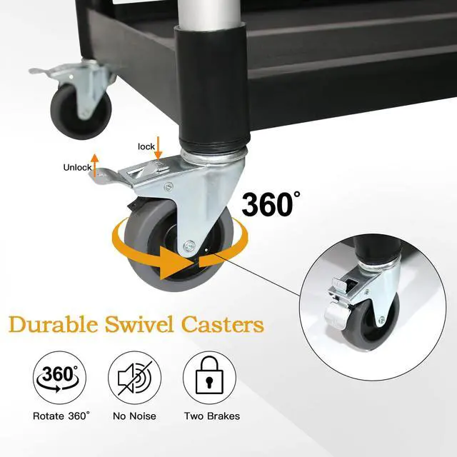 Alt view image 3 of 7 - Plastic Utility Carts with Wheels, 3-Tier Restaurant Cart, Heavy Duty Rolling Cart Food Service Cart 420LBS, Bus Cart with Lockable Wheels and Rubber Hammer for Warehouse/Kitchen, Black