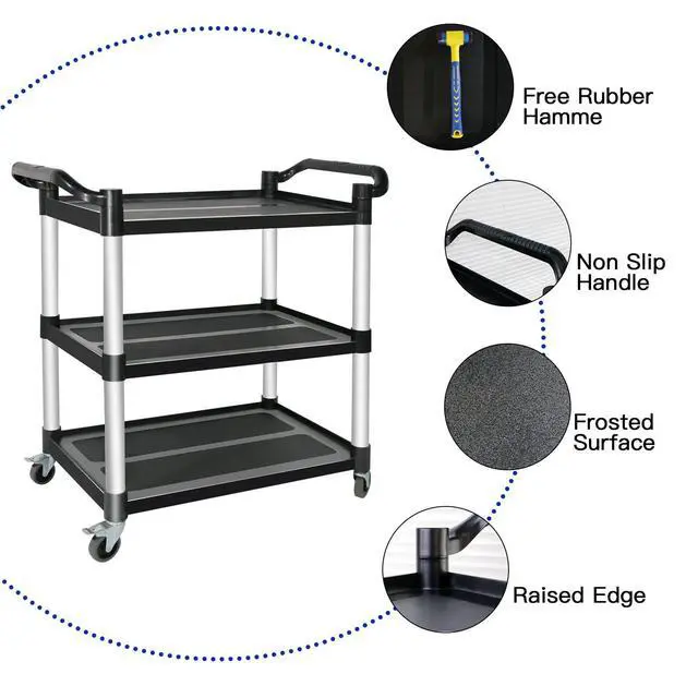 Alt view image 2 of 7 - Plastic Utility Carts with Wheels, 3-Tier Restaurant Cart, Heavy Duty Rolling Cart Food Service Cart 420LBS, Bus Cart with Lockable Wheels and Rubber Hammer for Warehouse/Kitchen, Black