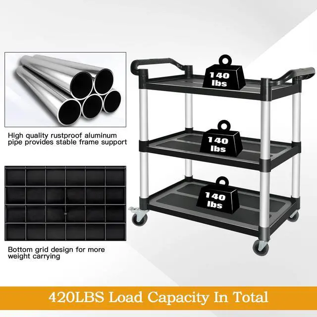 Alt view image 4 of 7 - Plastic Utility Carts with Wheels, 3-Tier Restaurant Cart, Heavy Duty Rolling Cart Food Service Cart 420LBS, Bus Cart with Lockable Wheels and Rubber Hammer for Warehouse/Kitchen, Black
