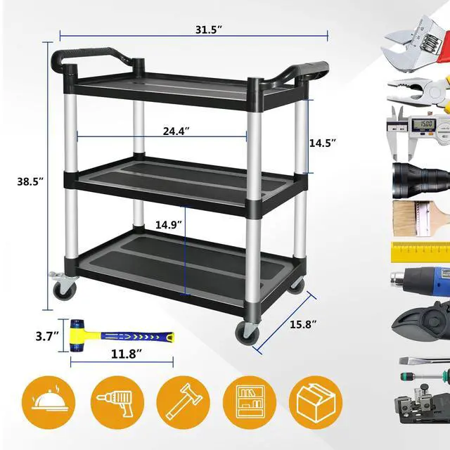 Alt view image 5 of 7 - Plastic Utility Carts with Wheels, 3-Tier Restaurant Cart, Heavy Duty Rolling Cart Food Service Cart 420LBS, Bus Cart with Lockable Wheels and Rubber Hammer for Warehouse/Kitchen, Black