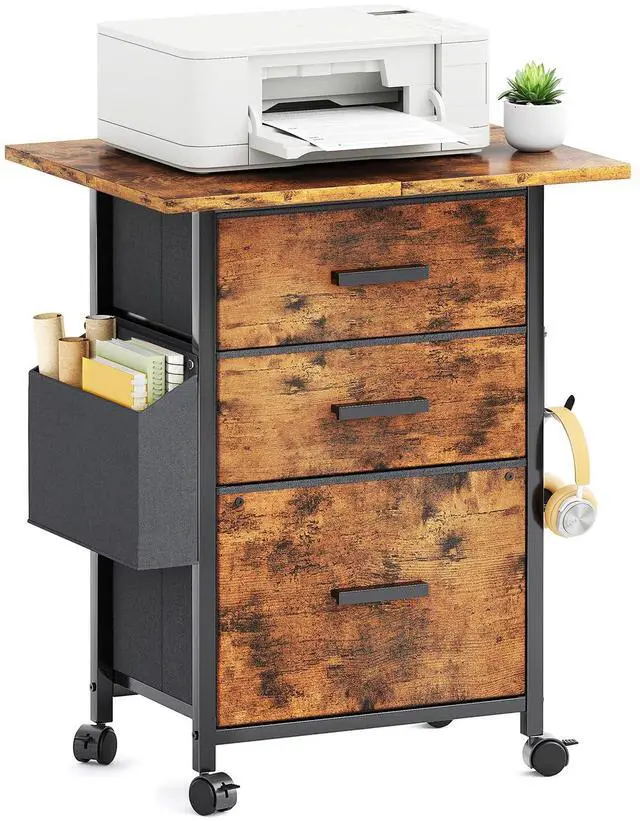 Main image of 3 Drawer File Cabinet with 22'' Extended Desktop, Mobile Filing Cabinet, Printer Stand, Rolling Printer Stand with Side Bag, Fabric Drawer, Fits A4 Size, Home Office,Rustic Brown