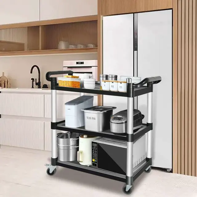Alt view image 6 of 7 - Plastic Utility Carts with Wheels, 3-Tier Restaurant Cart, Heavy Duty Rolling Cart Food Service Cart 420LBS, Bus Cart with Lockable Wheels and Rubber Hammer for Warehouse/Kitchen, Black